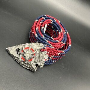 Vintage Western Belt Buckle Arrowhead Cow Skull 1980s Siskiyou Woven Nylon